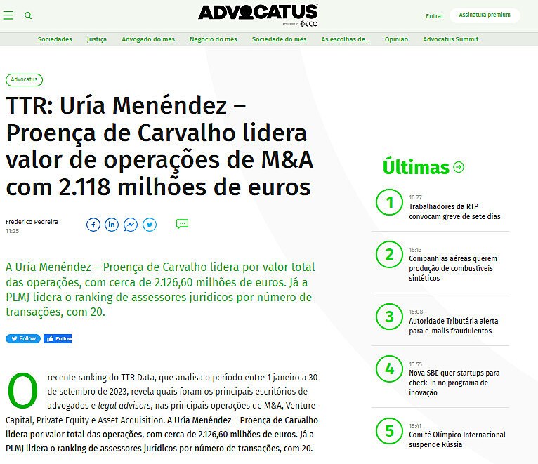 TTR: Ura Menndez  Proena de Carvalho lidera valor de operaes de M&A com 2.118 milhes de euros